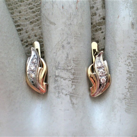European Solid 14K 585 Yellow White Gold Diamond Cluster Leaf Pierced EARRINGS